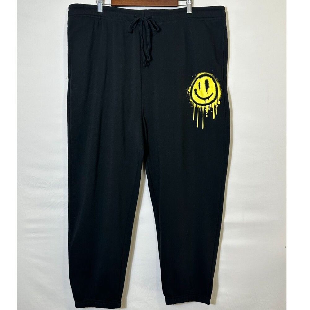 Brooklyn Cloth Men's Black Drip Smiley Face Joggers Sweatpants Slash Pockets 3XL